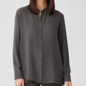 Eileen Fisher Silk Georgette Crepe Band Collar Shirt 3X Plus in Grove